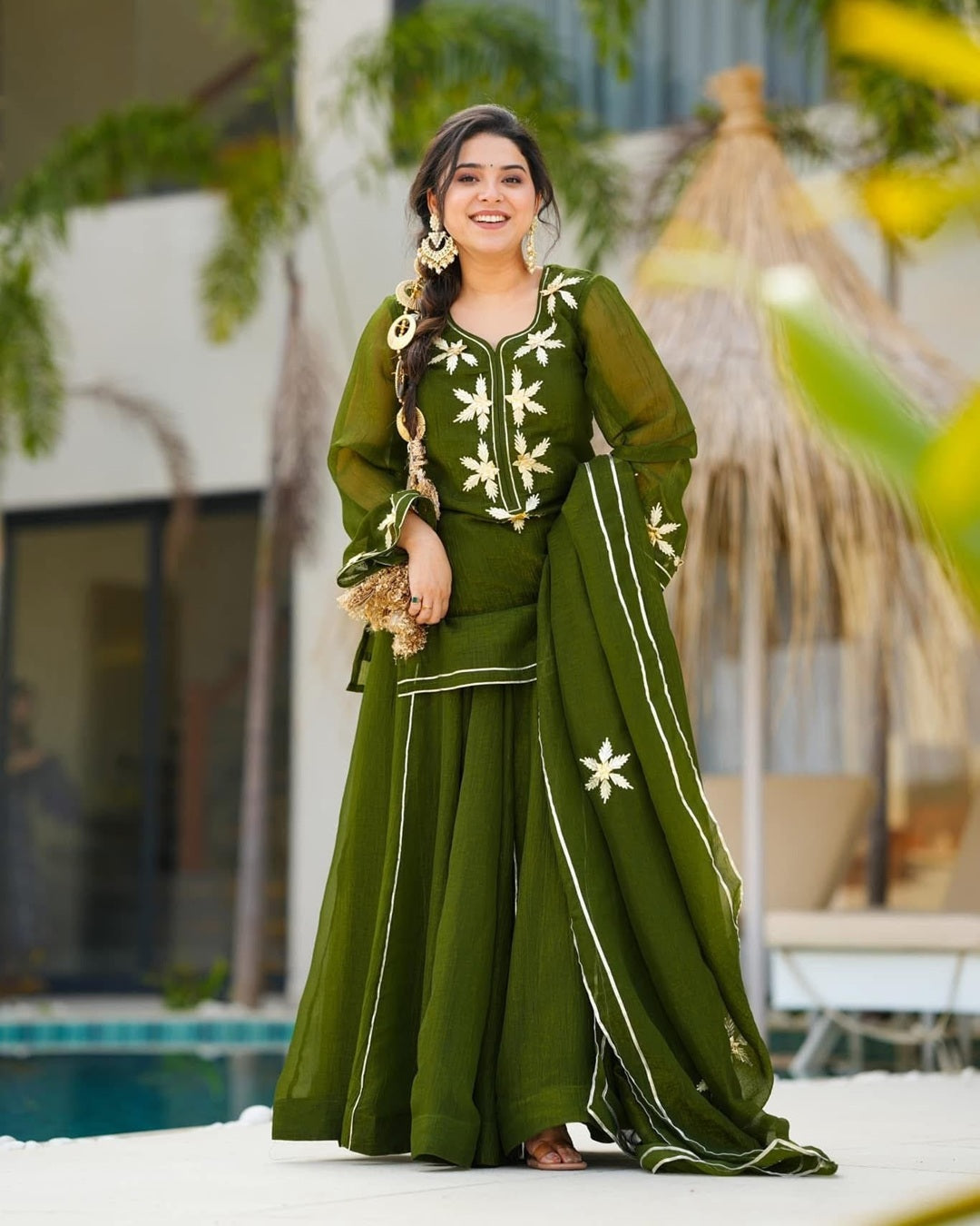 Mehndi Heavenly Handmade Kurta Sharara Palazzo Set With Charkhi Gota Work – Festive Designer Ethnic Wear for Women