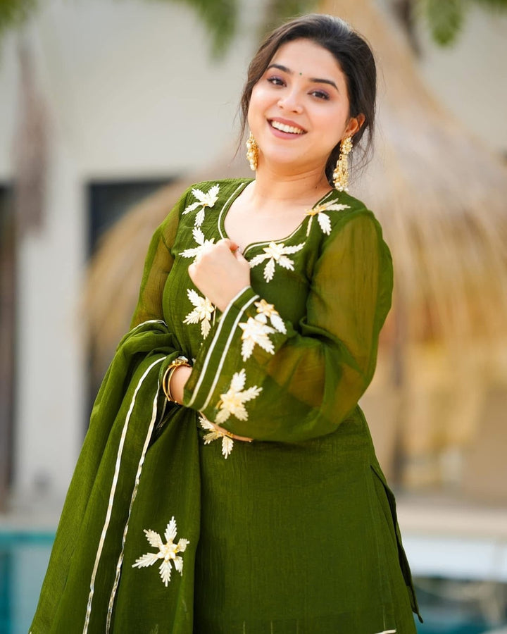 Mehndi Heavenly Handmade Kurta Sharara Palazzo Set With Charkhi Gota Work – Festive Designer Ethnic Wear for Women