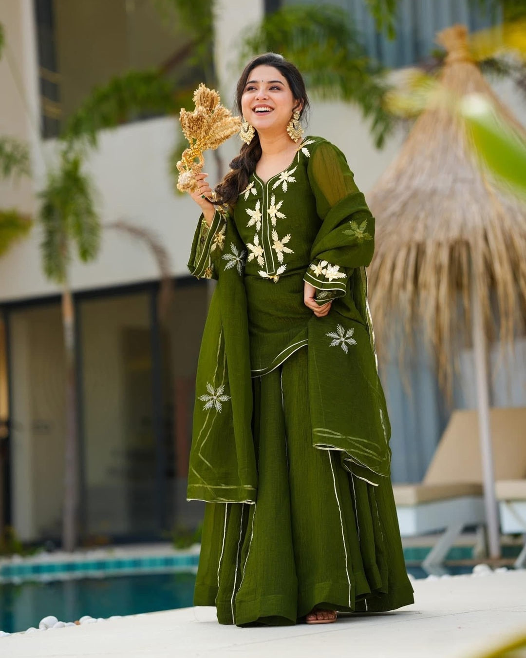Mehndi Heavenly Handmade Kurta Sharara Palazzo Set With Charkhi Gota Work – Festive Designer Ethnic Wear for Women