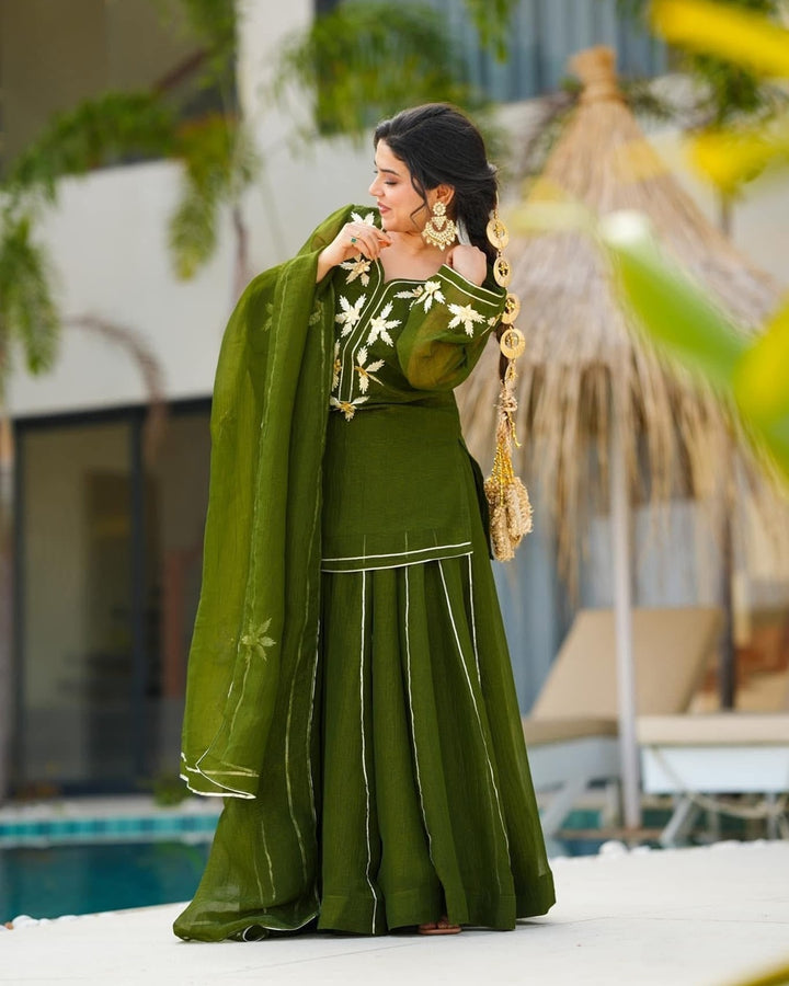 Mehndi Heavenly Handmade Kurta Sharara Palazzo Set With Charkhi Gota Work – Festive Designer Ethnic Wear for Women