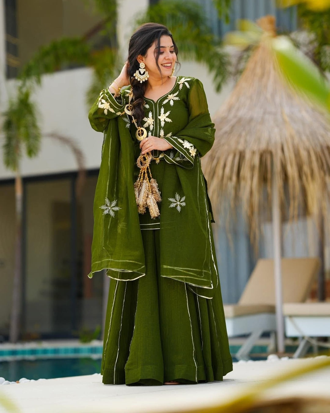 Mehndi Heavenly Handmade Kurta Sharara Palazzo Set With Charkhi Gota Work – Festive Designer Ethnic Wear for Women