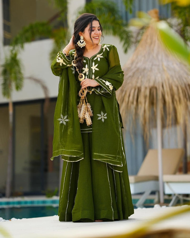 Mehndi Heavenly Handmade Kurta Sharara Palazzo Set With Charkhi Gota Work – Festive Designer Ethnic Wear for Women