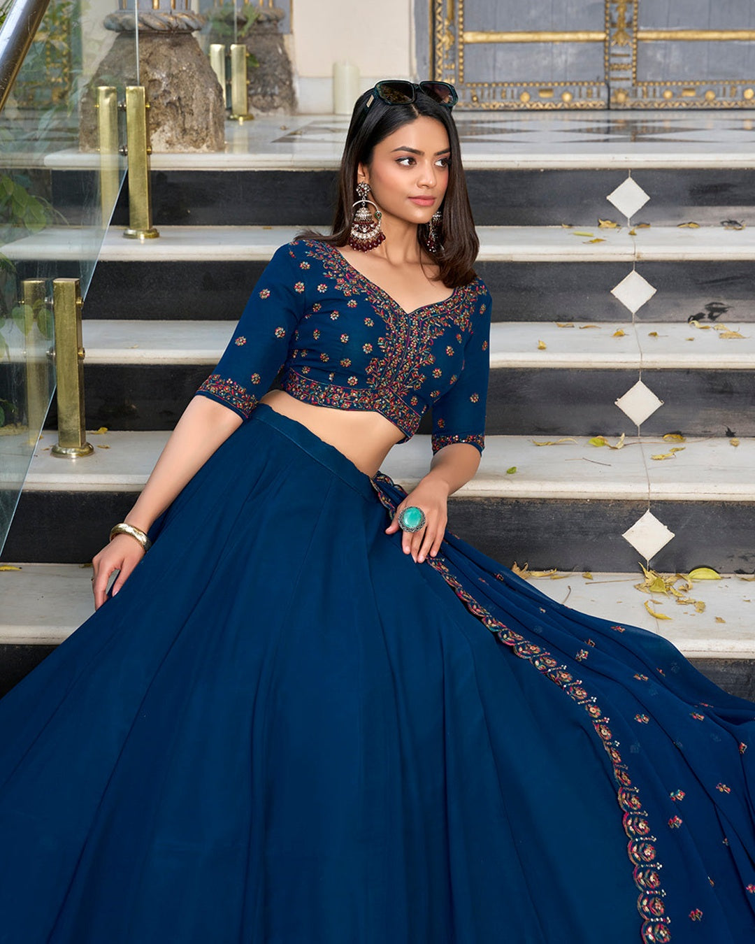 Firozi Color Georgette Embroidered Lehenga Choli