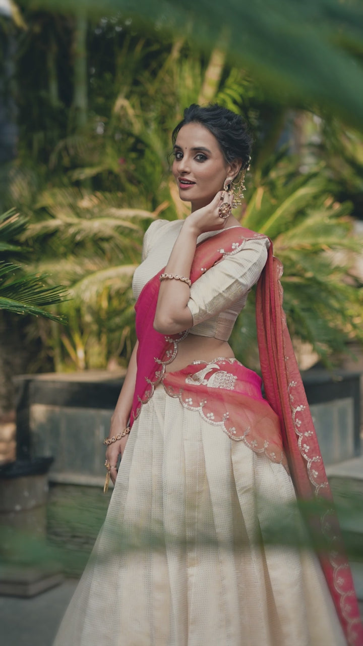 Off-White Jacquard Chex Half Saree for Women | Designer Wedding & Festive Wear