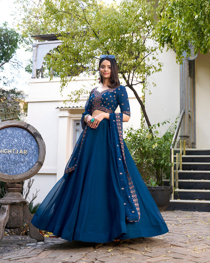Firozi Color Georgette Embroidered Lehenga Choli